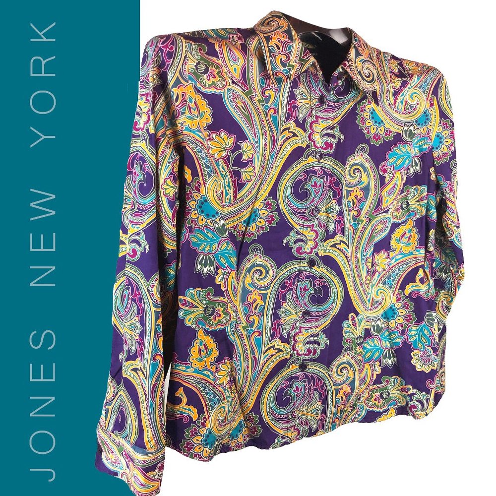 Jones New York Signature Petite colorful purple paisley button shirt 100% cotton